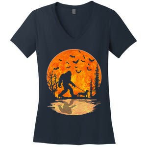 Bigfoot Walking Dachshund Funny Wiener Dog Halloween Women's V-Neck T-Shirt