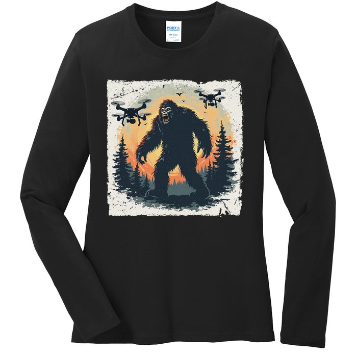 Bigfoot With Drones Sasquatch Ladies Long Sleeve Shirt