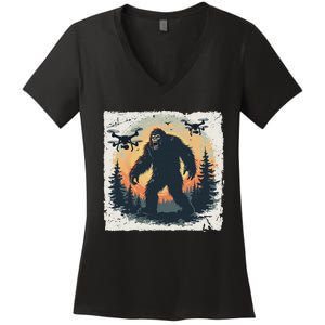 Bigfoot With Drones Sasquatch Women's V-Neck T-Shirt