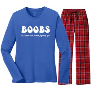 Boobs Worth Fighting For Cute Gift Funny Breast Cancer Awareness Gift Women's Long Sleeve Flannel Pajama Set 