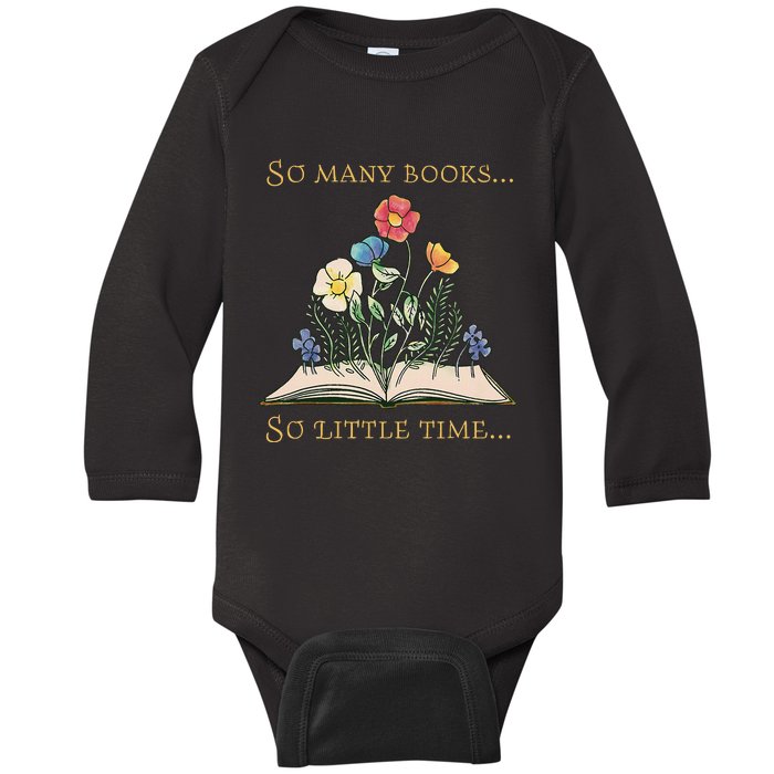 Book With Flower So Many Books Little Time Love To Read Baby Long Sleeve Bodysuit