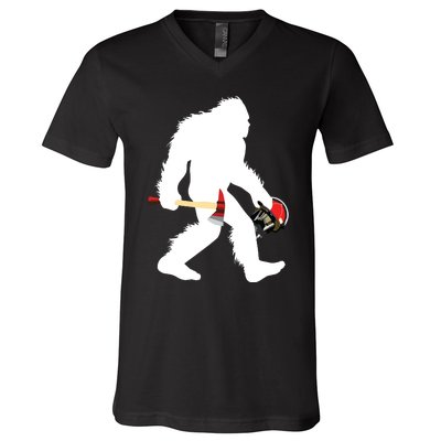 Bigfoot Wildland Firefighter Woodland Sasquatch Fireman V-Neck T-Shirt