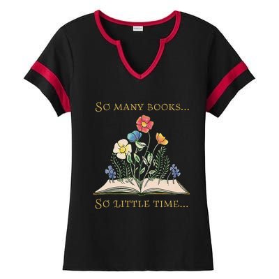 Book With Flower So Many Books Little Time Love To Read Ladies Halftime Notch Neck Tee