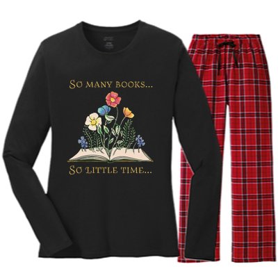 Book With Flower So Many Books Little Time Love To Read Women's Long Sleeve Flannel Pajama Set 