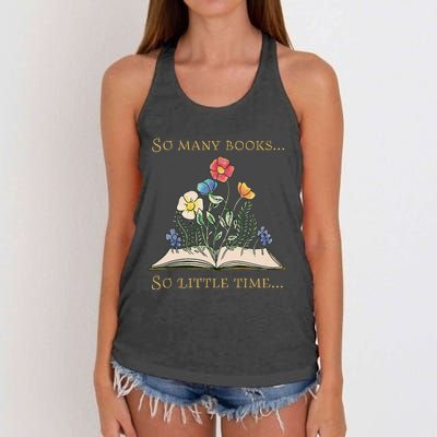 Book With Flower So Many Books Little Time Love To Read Women's Knotted Racerback Tank