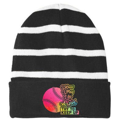 Baseball Wo Funny Gift Team Play Like a Softball Striped Beanie with Solid Band