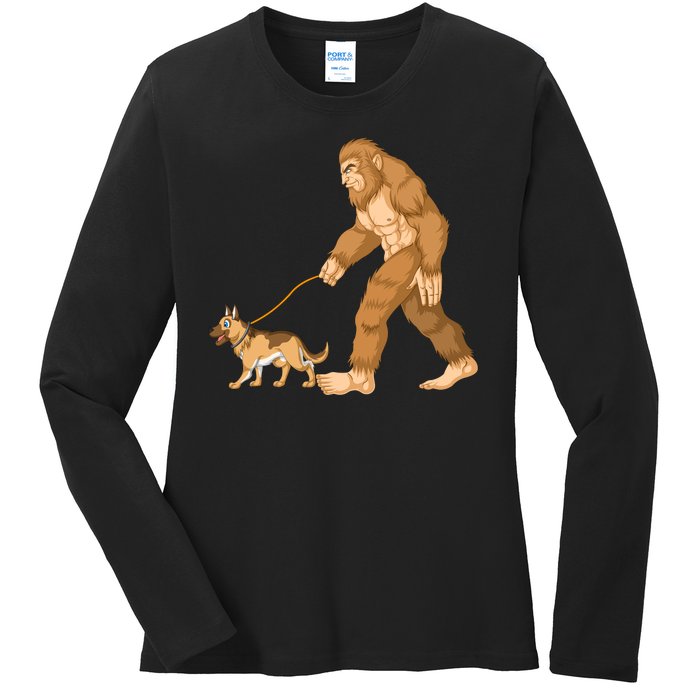 Bigfoot Walking German Shepherd Ladies Long Sleeve Shirt