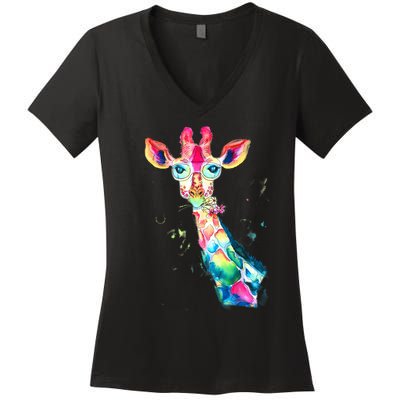 Bright Watercolor Giraffe Art Gift Design Women's V-Neck T-Shirt