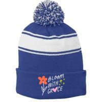 Bloom With Grace Summer Quote Stripe Pom Pom Beanie