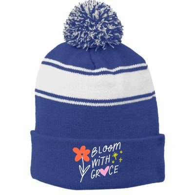 Bloom With Grace Summer Quote Stripe Pom Pom Beanie