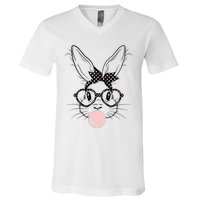 Bunny With Glasses Bubble Gum happy Easter Day V-Neck T-Shirt