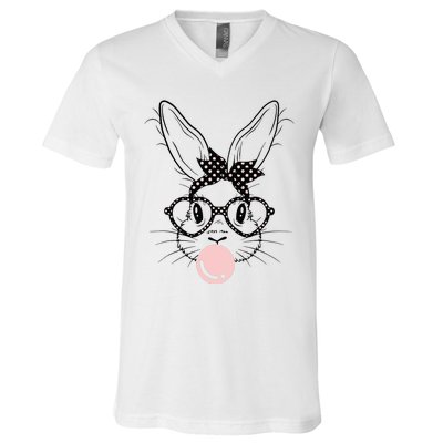 Bunny With Glasses Bubble Gum happy Easter Day V-Neck T-Shirt