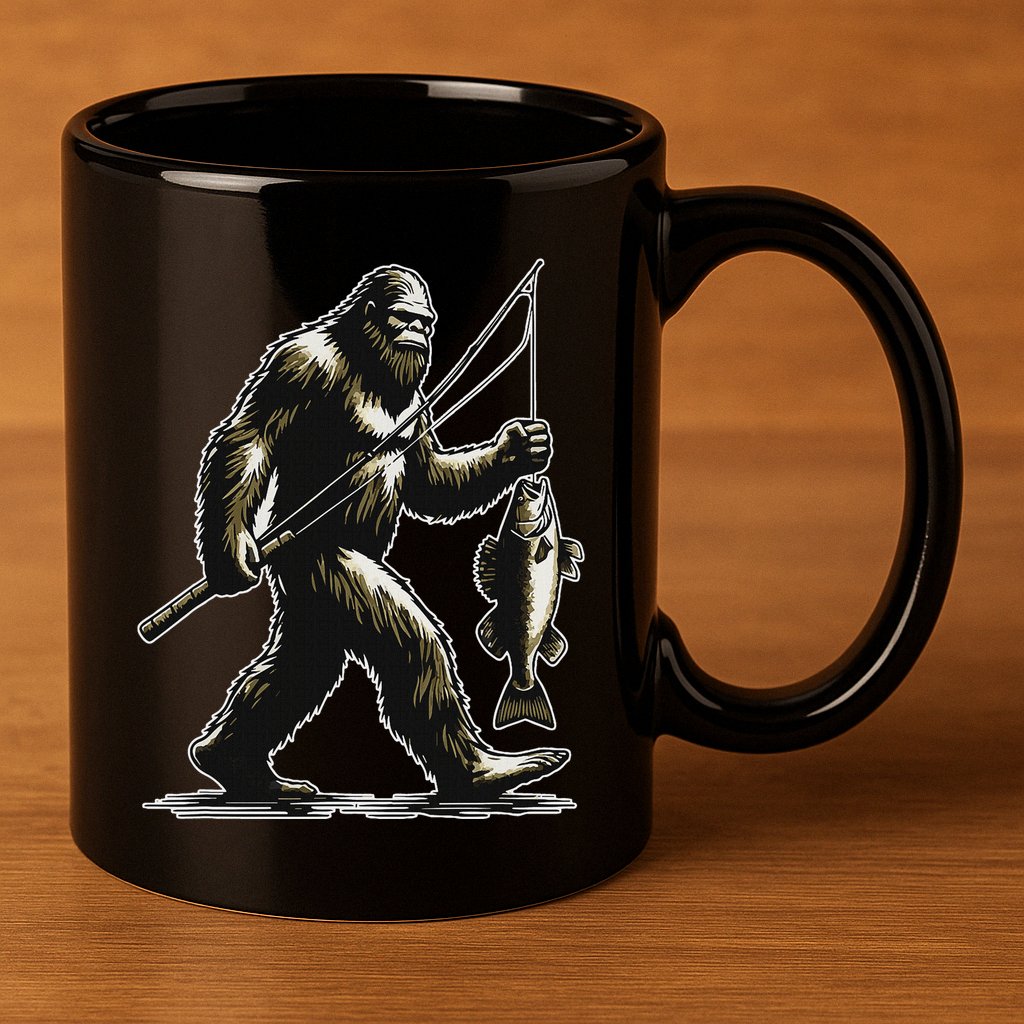 Bigfoot Walleye Hunting Angler Sasquatch Walleye Fishing 11oz C Handle Ceramic Mug