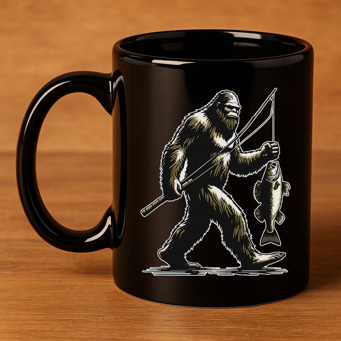 Bigfoot Walleye Hunting Angler Sasquatch Walleye Fishing 11oz C Handle Ceramic Mug