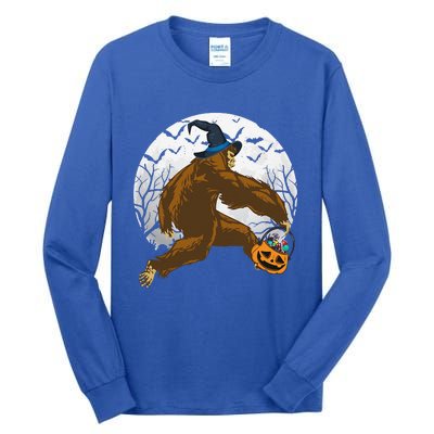 Bigfoot Witch Holding Halloween Pumpkin For Sasquatch Lovers Tall Long Sleeve T-Shirt