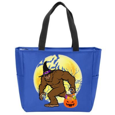 Bigfoot Witch Holding Jackolantern Pumpkin Happy Halloween Zip Tote Bag