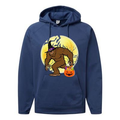 Bigfoot Witch Holding Jackolantern Pumpkin Happy Halloween Performance Fleece Hoodie