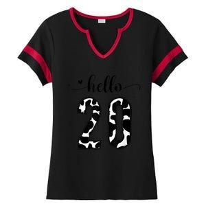 Black White Hello 20 Cow Print 20th Birthday Animal Pattern Ladies Halftime Notch Neck Tee