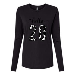 Black White Hello 20 Cow Print 20th Birthday Animal Pattern Womens Cotton Relaxed Long Sleeve T-Shirt