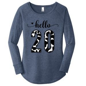 Black White Hello 20 Cow Print 20th Birthday Animal Pattern Women's Perfect Tri Tunic Long Sleeve Shirt