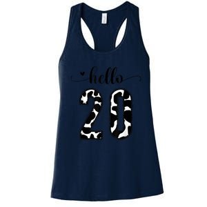 Black White Hello 20 Cow Print 20th Birthday Animal Pattern Women's Racerback Tank