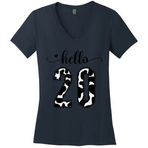 Black White Hello 20 Cow Print 20th Birthday Animal Pattern Women's V-Neck T-Shirt