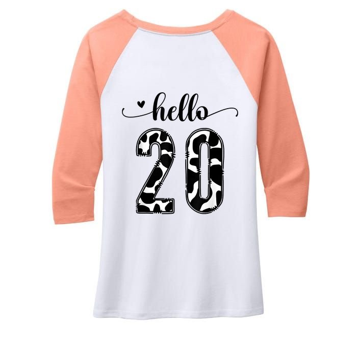 Black White Hello 20 Cow Print 20th Birthday Animal Pattern Women's Tri-Blend 3/4-Sleeve Raglan Shirt