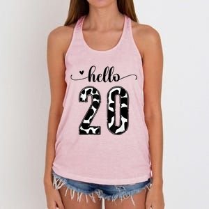 Black White Hello 20 Cow Print 20th Birthday Animal Pattern Women's Knotted Racerback Tank