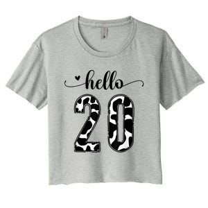 Black White Hello 20 Cow Print 20th Birthday Animal Pattern Women's Crop Top Tee