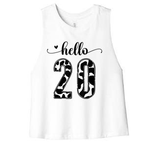 Black White Hello 20 Cow Print 20th Birthday Animal Pattern Women's Racerback Cropped Tank