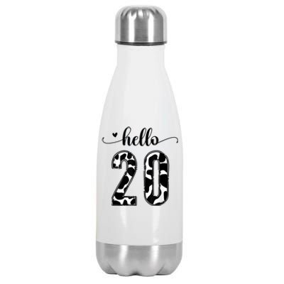 Black White Hello 20 Cow Print 20th Birthday Animal Pattern Stainless Steel Insulated Water Bottle