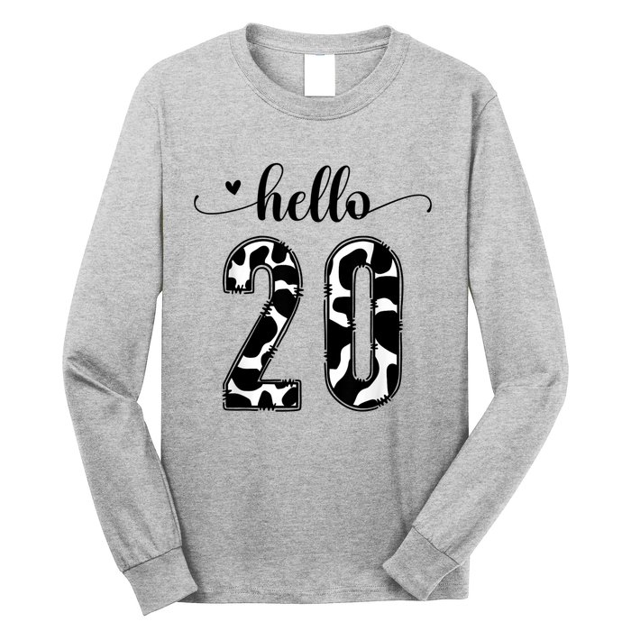 Black White Hello 20 Cow Print 20th Birthday Animal Pattern Long Sleeve Shirt