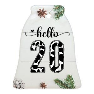 Black White Hello 20 Cow Print 20th Birthday Animal Pattern Ceramic Bell Ornament