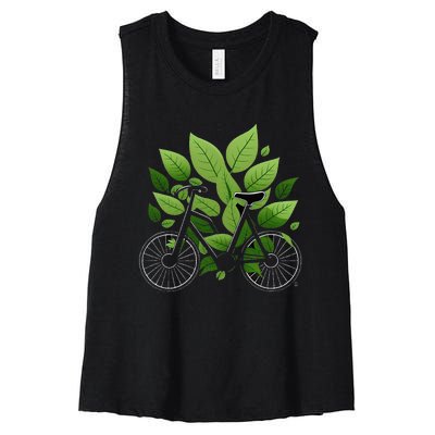 Biking Walking in Nature Bike Lover black bike green leaf Women's Racerback Cropped Tank