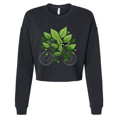 Biking Walking in Nature Bike Lover black bike green leaf Cropped Pullover Crew