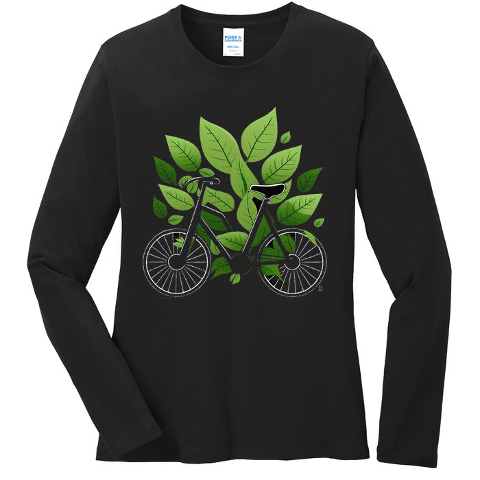 Biking Walking in Nature Bike Lover black bike green leaf Ladies Long Sleeve Shirt