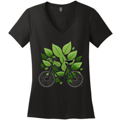 Biking Walking in Nature Bike Lover black bike green leaf Women's V-Neck T-Shirt