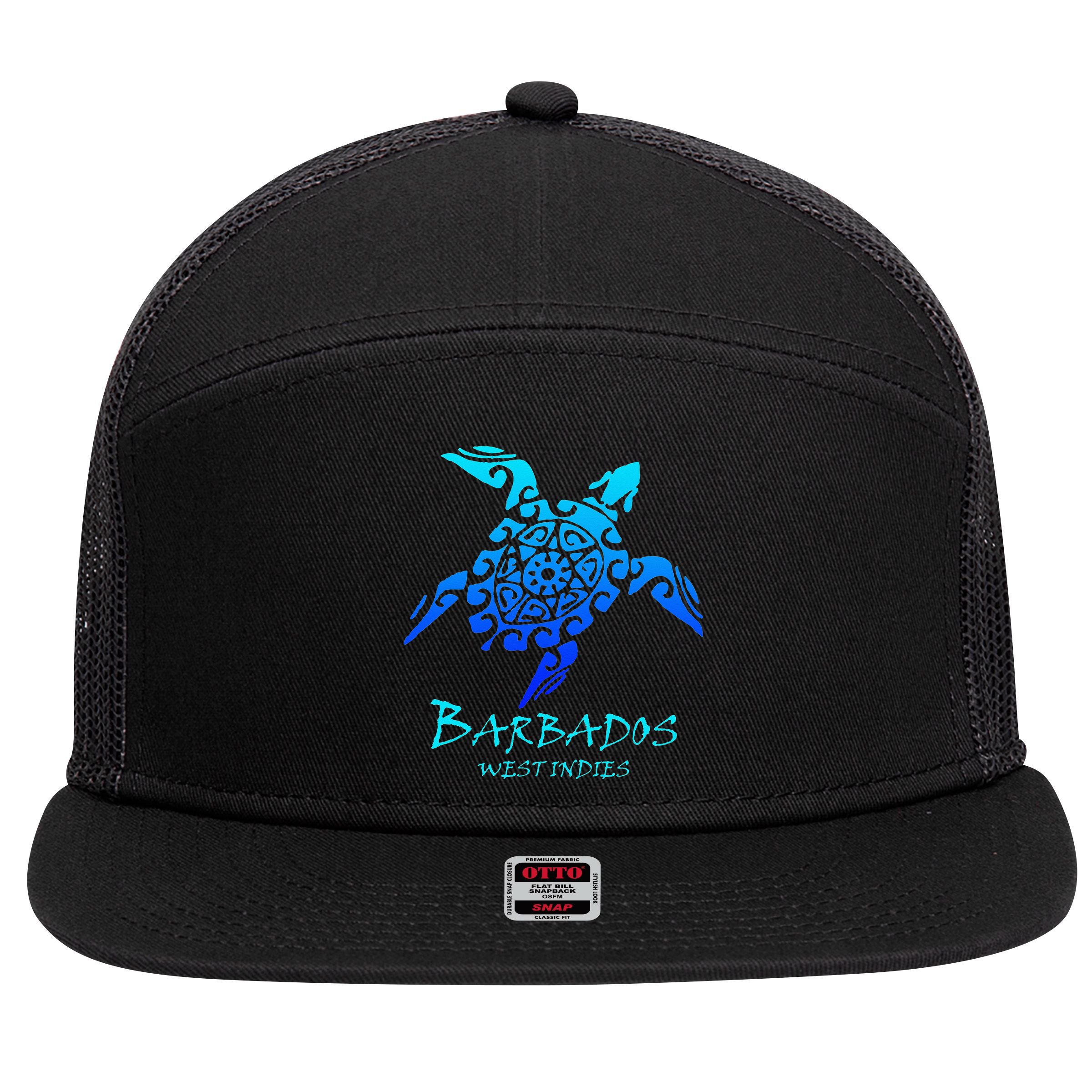 Barbados, West Indies Vintage Retro Tribal Turtle Vacation 7 Panel Mesh Trucker Snapback Hat