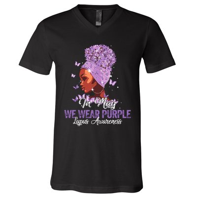 Black Women In May We Wear Purple Ribbon Lupus Awareness V-Neck T-Shirt