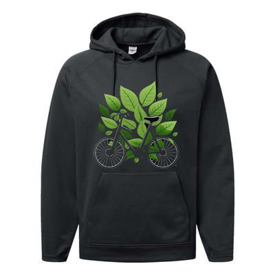 Biking Walking in Nature Bike Lover black bike green leaf Performance Fleece Hoodie