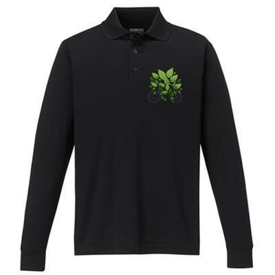 Biking Walking in Nature Bike Lover black bike green leaf Performance Long Sleeve Polo