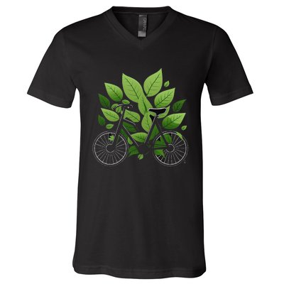 Biking Walking in Nature Bike Lover black bike green leaf V-Neck T-Shirt