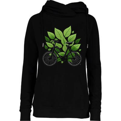 Biking Walking in Nature Bike Lover black bike green leaf Womens Funnel Neck Pullover Hood