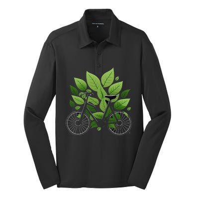 Biking Walking in Nature Bike Lover black bike green leaf Silk Touch Performance Long Sleeve Polo