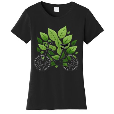 Biking Walking in Nature Bike Lover black bike green leaf Women's T-Shirt