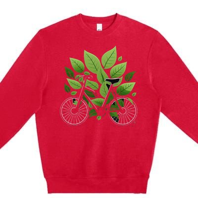 Biking Walking in Nature Bike Lover black bike green leaf Premium Crewneck Sweatshirt