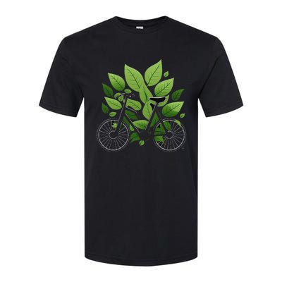 Biking Walking in Nature Bike Lover black bike green leaf Softstyle CVC T-Shirt