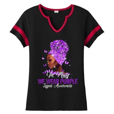 Black Wo In May We Wear Purple Ribbon Lupus Awareness Ladies Halftime Notch Neck Tee