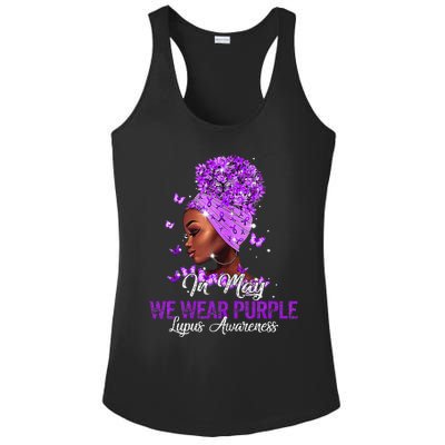 Black Wo In May We Wear Purple Ribbon Lupus Awareness Ladies PosiCharge Competitor Racerback Tank