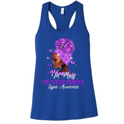 Black Wo In May We Wear Purple Ribbon Lupus Awareness Women's Racerback Tank